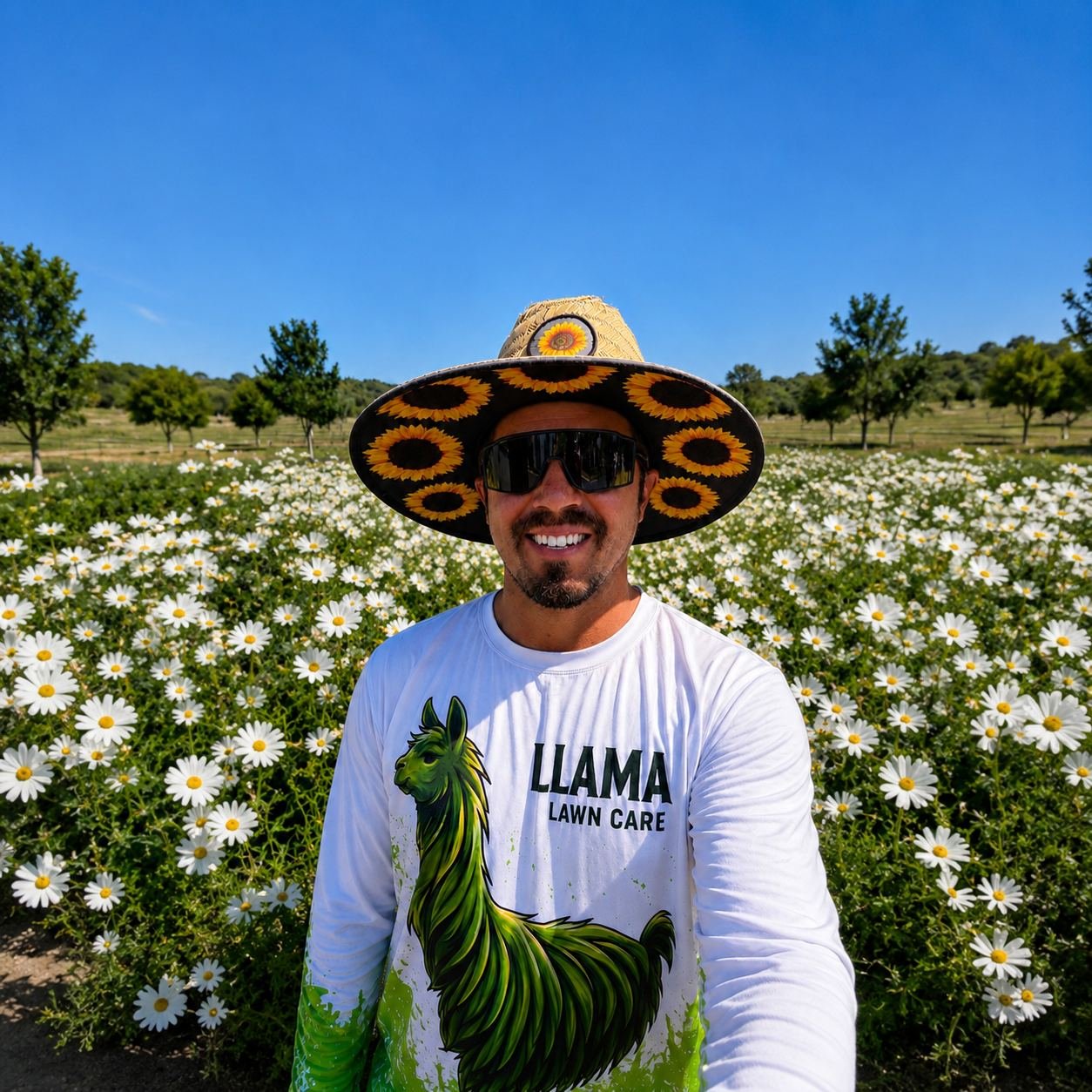 Owner of Llama Lawn Care in a branded shirt, standing in a wildflower field