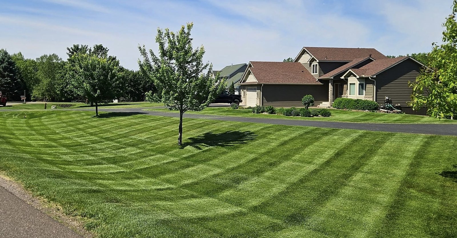 Curved fresh-mow stripes across a front lawn with mature trees and a two-story home