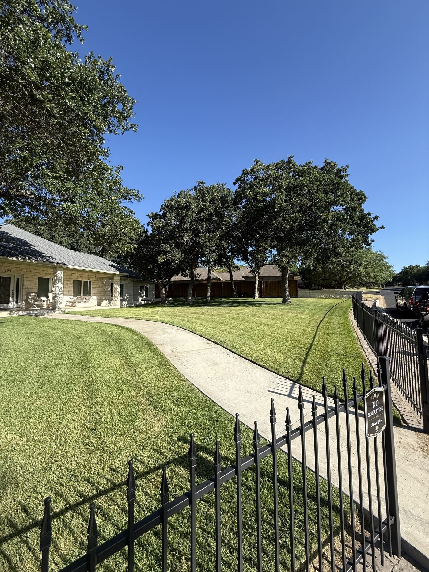 Wide sloped lawn with curved walkway under live oaks